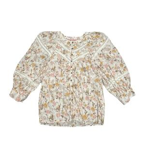 Anthropologie Floral Lace Peasant‎ Blouse Crinkle Gauze Top Long Sleeve Women XS